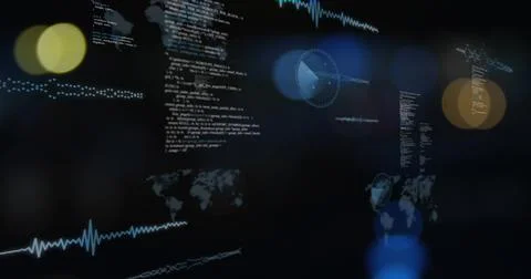 Floating data UI shifting across dark display showing code columns, HUD graphs, Stock Illustration