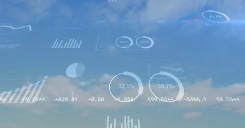Floating data visualizations appearing against bright blue sky, with charts and Stock Photos