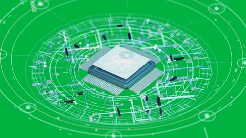 Floating diamond morphing to chip, rings pulsing into grid for activation on Video stock 335780926