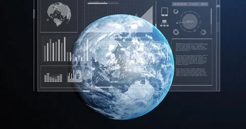 Floating digital 3D Earth hovering over deep space control interface, with bar Fotos Stock