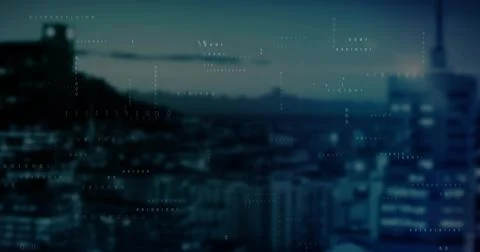 Floating digital binary code overlay shimmering over urban skyline at twilight, Stock Photos