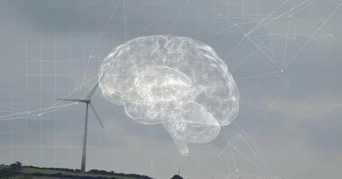 Floating digital brain network hologram hovering above grassy hillside ridge Stock Photos