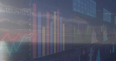 Floating digital charts hovering at ocean during sunrise, with bar graphs and Foto stock