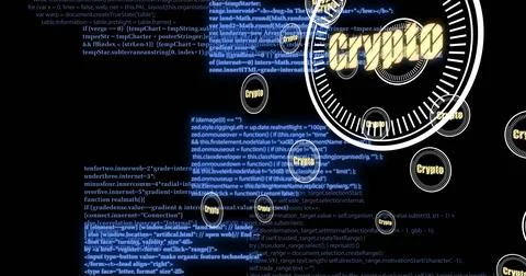 Floating digital code and crypto text, representing blockchain technology and Stock-Fotos