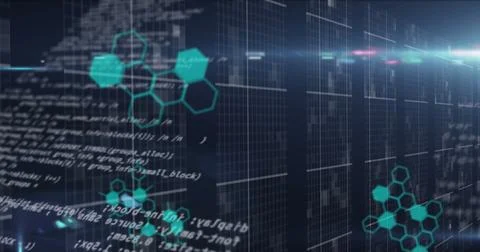 Floating digital code and hexagons on virtual screen, representing technology Stock-Fotos