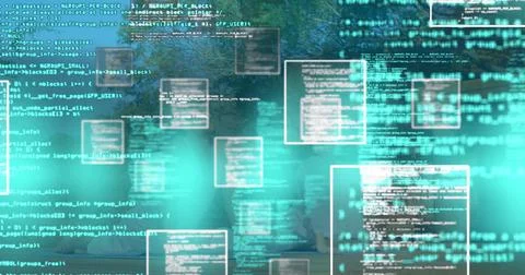 Floating digital code over landscape, symbolizing technology's harmony with Stock-Fotos