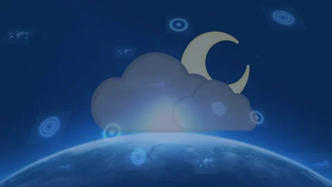 Floating digital data elements with cloud and crescent moon over Earth animation Stock Footage 303675465