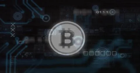 Floating digital disc featuring Bitcoin symbol over blockchain interface, wit Illustrazione stock