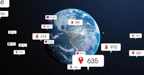 Floating digital Earth drifting in space, with heart likes bell notifications Stock Illustration
