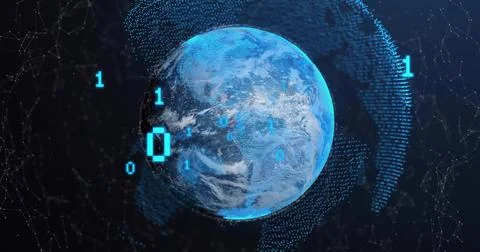 Floating digital Earth globe sending binary digits in virtual space, with glo イラスト素材