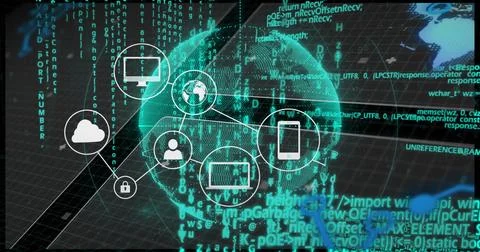 Floating digital globe and connected icons appearing in network interface, with Illustrazione stock