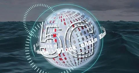 Floating digital globe hovering above open ocean, showing binary digits, 5G, Stock Photos