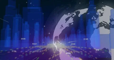 Floating digital globe hovering over grid, featuring 3D bar charts, numeric data Stock Illustration