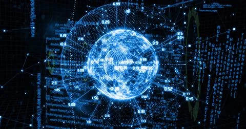 Floating digital globe representing data network in grid, with numeric overlays Stock Illustration