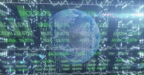 Floating digital globe revolving within trading interface, with stock tickers Stock Illustration