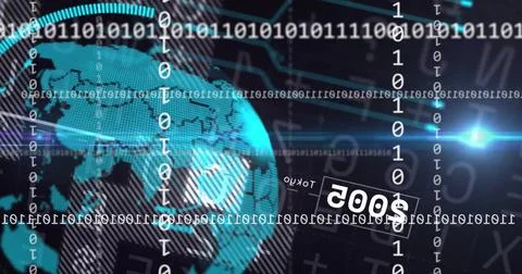 Floating digital globe showing map outlines and grid in data interface, with 写真素材