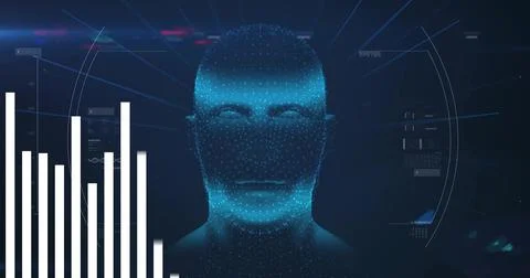 Floating digital head glowing with blue data points in data interface, with bar Stock Illustration
