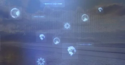 Floating digital interface elements over shoreline, showing rotating globe, gear 库存插图