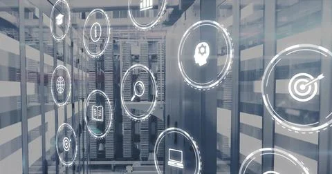 Floating digital interface icons illuminating data center corridor, with server Illustrazione stock