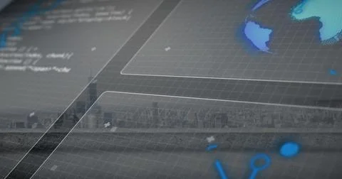 Floating digital interface over city skyline, showing grid, code snippets, blue Stock Photos