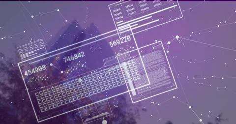 Floating digital interface over treetops against violet sky, with keyboard grid Stockfoto's