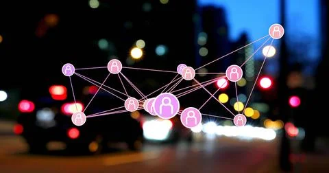 Floating digital mesh overlaying night street, connecting pink-purple user icons Stock Photos