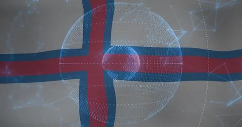 Floating digital mesh sphere over Faroese flag, network nodes linking lines and Stockfoto's