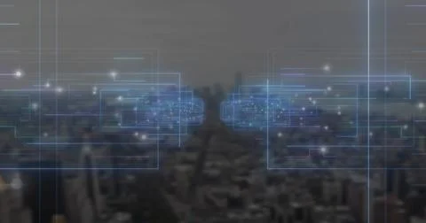 Floating digital network overlay hovering over urban skyline at dusk, showing Stock Photos