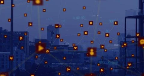 Floating digital network overlay lighting urban skyline at dusk, with orange Stock Photos