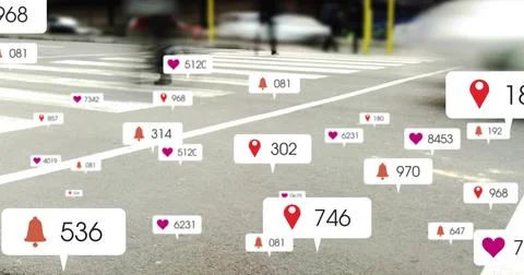 Floating digital notification badges hovering over zebra crosswalk at urban Stock Photos