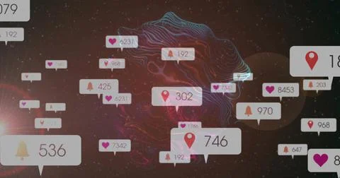 Floating digital notification bubbles occupying cosmic-themed background, with Stock Illustration