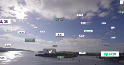Floating digital notification graphics covering coastal bay, cursor hovering 55 스톡 사진