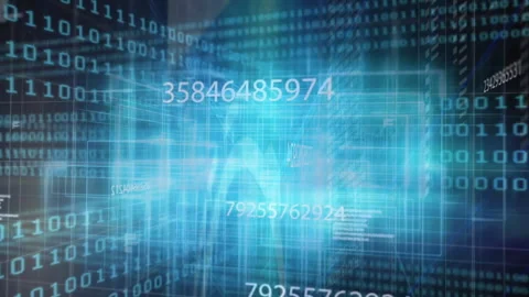 Floating digital numbers and binary code in blue virtual animation space Stock Footage 303607732