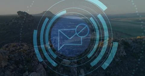 Floating digital overlay displaying mesa aerial view over highland, with HUD Stockfoto's