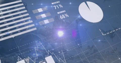 Floating digital overlays presenting virtual workspace, with bar chart, pie Stock Illustration