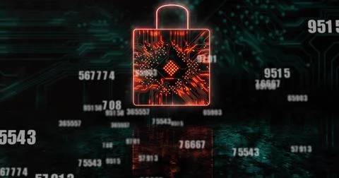 Floating digital padlock glowing in virtual cyberspace, with drifting codes over Illustrazione stock
