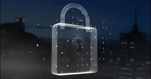 Floating digital padlock rotating above urban skyline at night, with orbiting Illustrazione stock