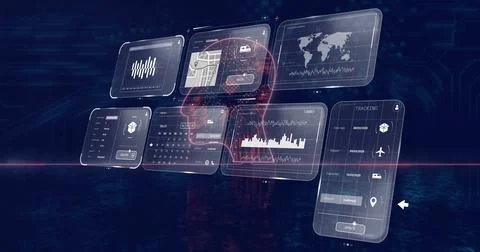 Floating digital panels displaying bar charts, calendar, map, waveform, tracking Stock Photos