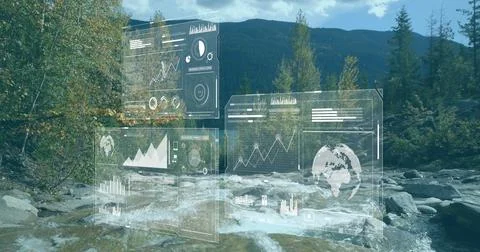 Floating digital panels showing graphs and globe icon over stream flowing past Stock Photos