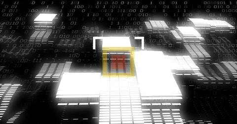 Floating digital platforms forming data network streaming binary digits, with Foto stock