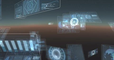 Floating digital screens displaying data and graphics in futuristic virtual Stock Photos