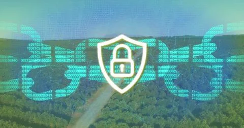 Floating digital security shield showing locked padlock above forest track, with Stock Illustration