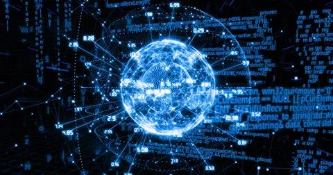Floating digital sphere emitting light beams in virtual network space, with Illustrazione stock