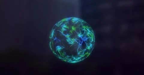 Floating digital sphere pulsing in virtual space, with glowing network nodes and 写真素材