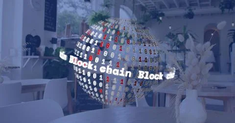 Floating digital sphere rotating above central cafe table, showing binary code 写真素材