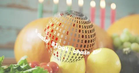 Floating digital sphere showing Blockchain binary code above wooden tabletop, 스톡 사진
