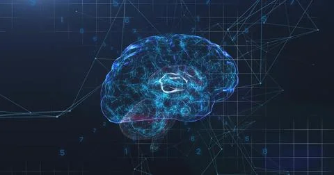 Floating digital wireframe brain hologram pulsing with glowing neural nodes on Stock Photos