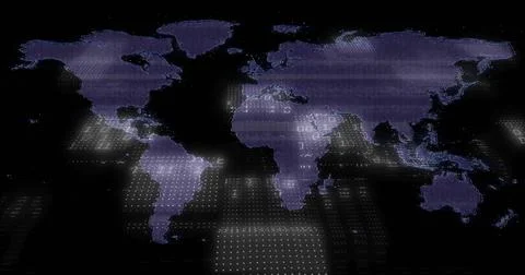 Floating digital world map hovering in virtual dotted grid plane, with glowing Foto stock