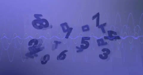 Floating digits 0-9 and sine-waveform lines traveling across abstract digital Illustrazione stock