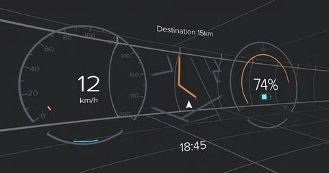Floating display showing speed gauge, navigation map, battery icon and clock in Illustrazione stock